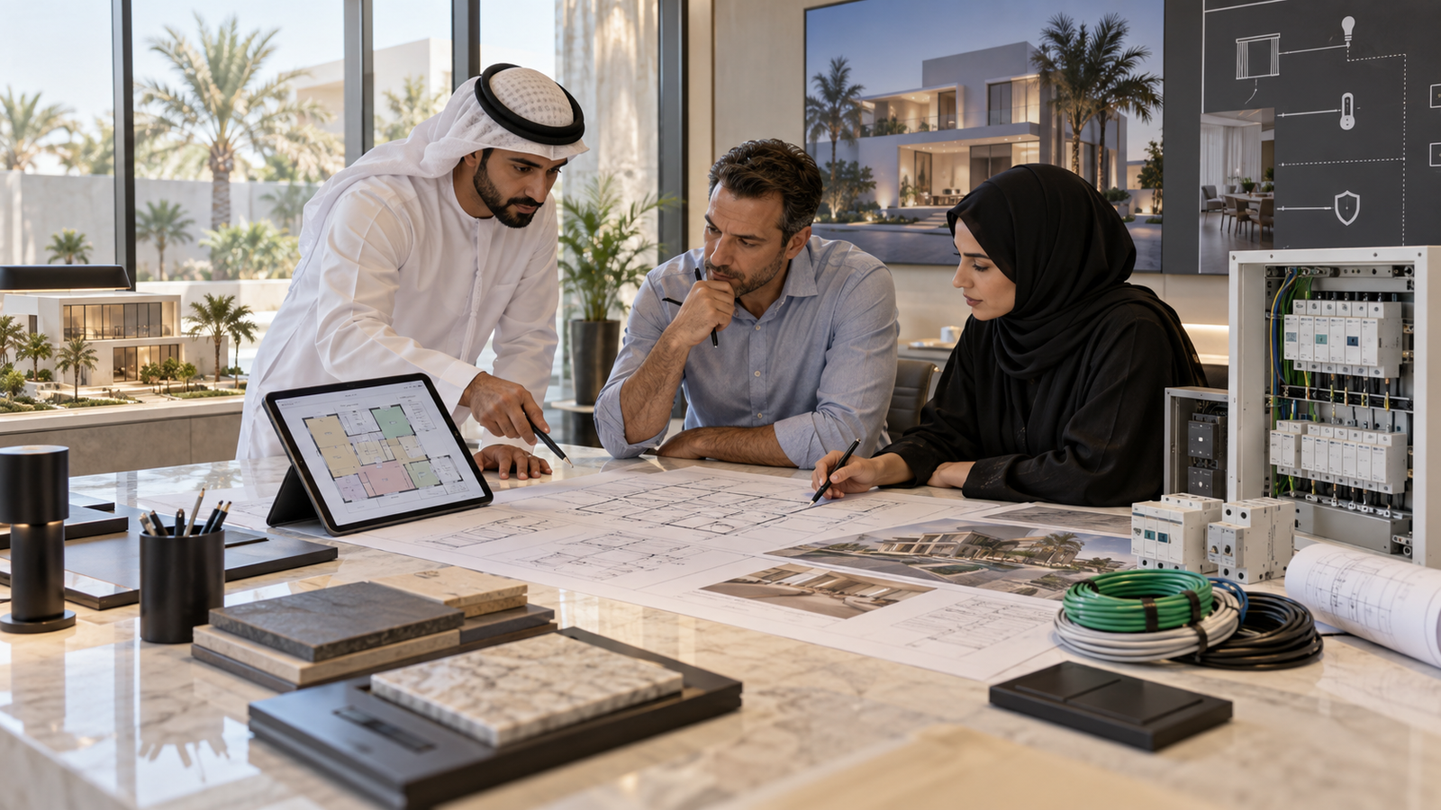 Engineers planning KNX automation for a villa in Oman
