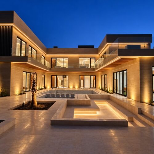 Original view of a residential courtyard in Ibri with warm architectural lighting