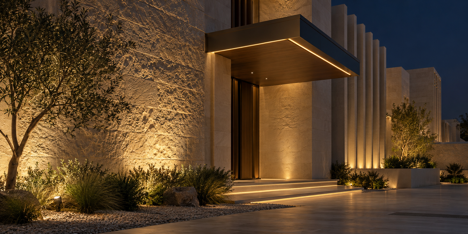 Concept illustration of warm grazing light on textured stone and concealed linear lighting at a villa entrance